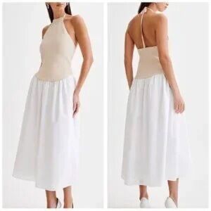 MESHKI Katie White Linen & Nude Knit Midi Dress